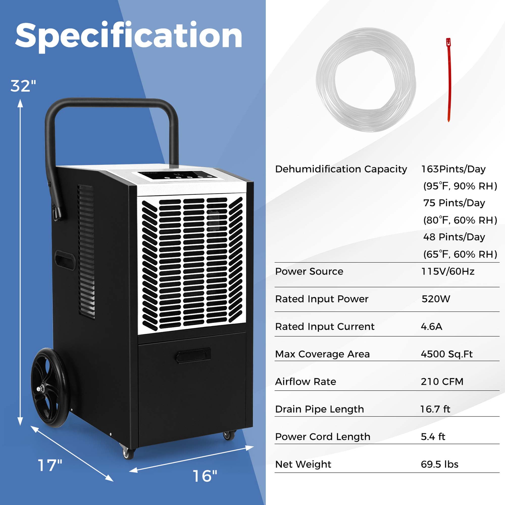 Costway 163 pt Dehumidifier White - Built-in Pump