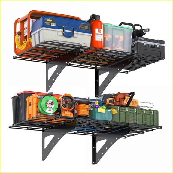 Wall Shelves 24x48 Inch Heavy Duty 2-Pack | Wall Mounted Storage for Garage | Black | Metal