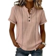 thumbnail image 2 of Women's Stripe Button V-Neck Fashion Casual T-Shirt Short Sleeve Regular Fit Spring Summer Daily Top Pink XL, 2 of 4