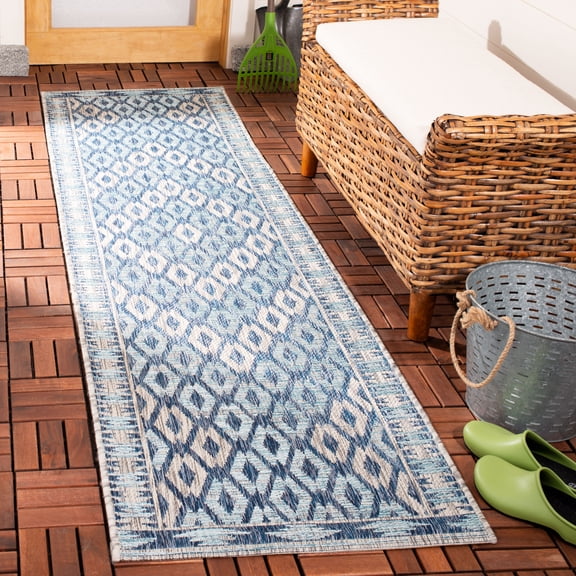 SAFAVIEH Courtyard Vermont Geometric Indoor/Outdoor Runner Rug, Navy/Grey, 2'3" x 6'7"
