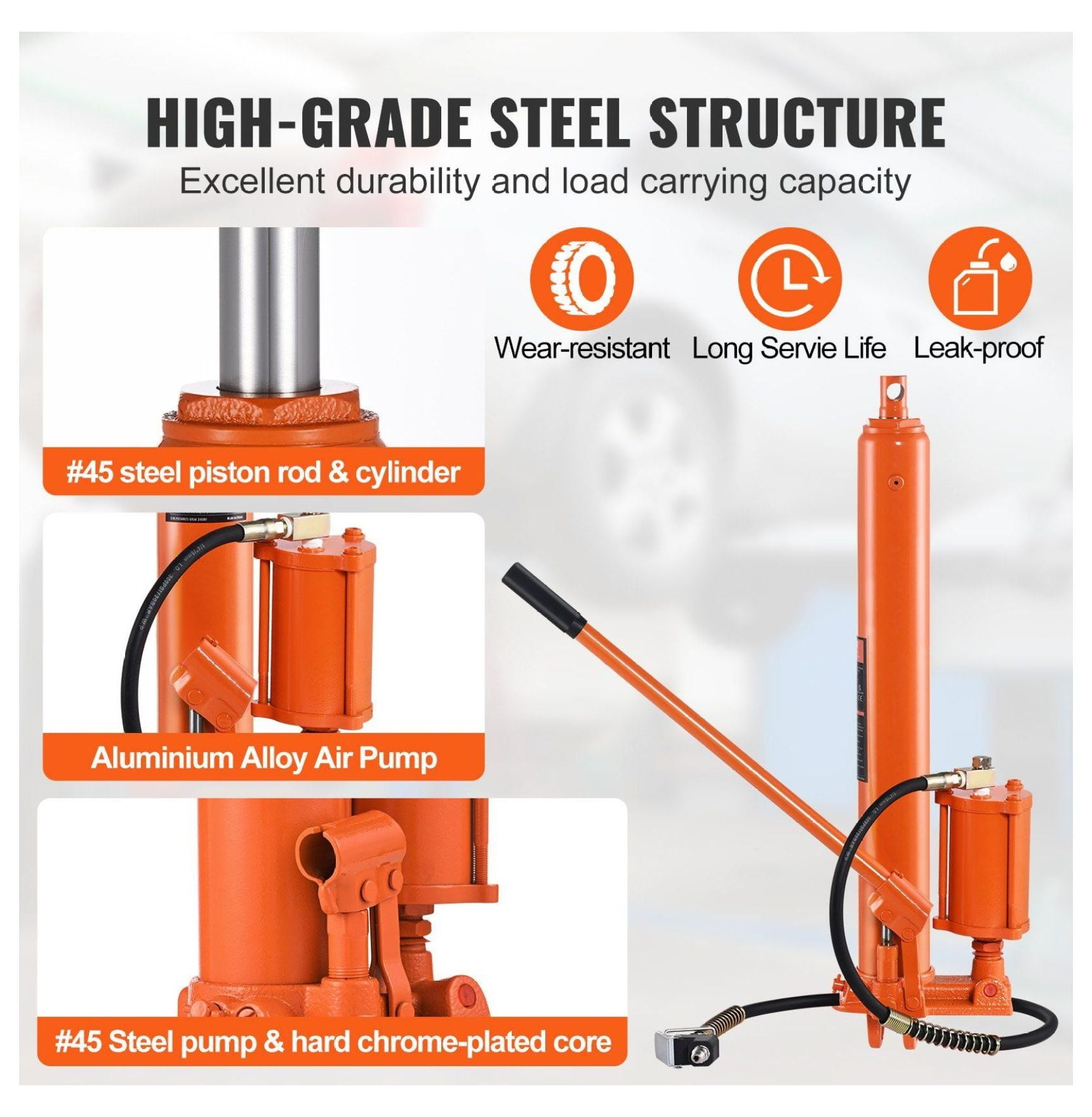 8 Ton Hydraulic Long Ram Jack, Engine Hoist Cylinder with Air Pump - 26-46.1 Inch Lift - Heavy Duty Steel Clevis Base for Garage, Shop Cranes & Farm Equipment
