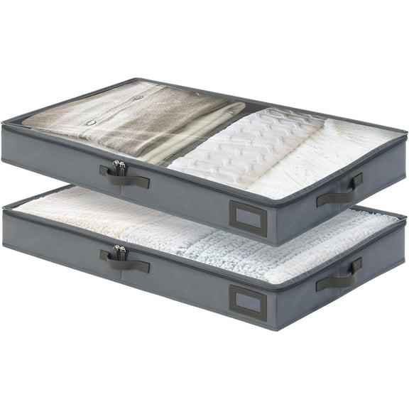 4-Inch Under Bed Storage Containers (2-Pack) | Sturdy Sidewalls | Clear Cover & Label Holder | Foldable Fabric Closet Bin Organizer | Stores Clothing/Blankets/Sweaters/Sheets