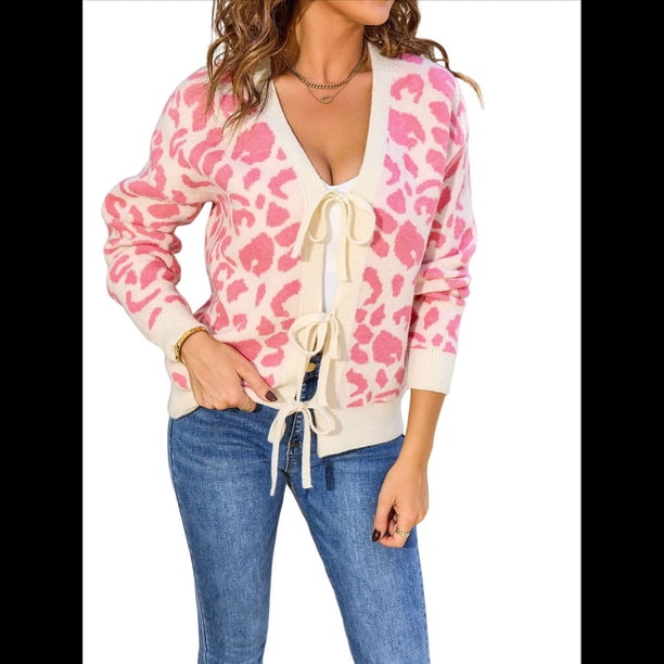 Cárdigan de Punto con Estampado de Leopardo y Lazo para Mujer, Larga, Cuello Redondo, Abertura Frontal, Informal, Holgado, para Exteriores. Rosa XL