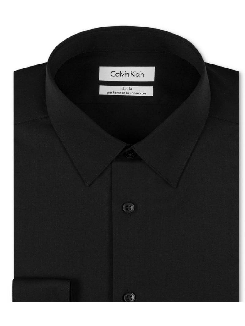 Calvin Klein Steel Men's Slim-Fit Non-Iron Herringbone Dress Shirt - Black - Size 15.5 34/35
