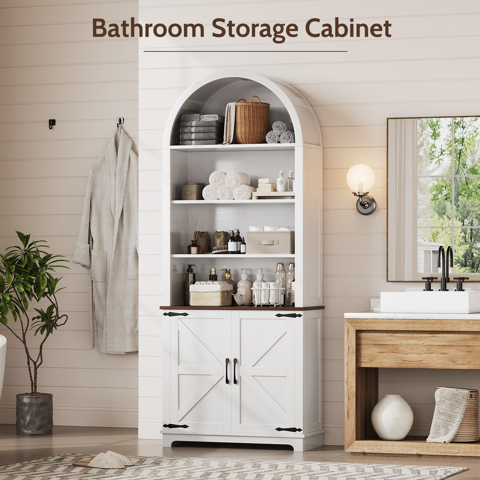Vividwood Farmhouse Arched 6-Tier Bookshelf Bookcase with Doors, Tall Storage Cabinet, White