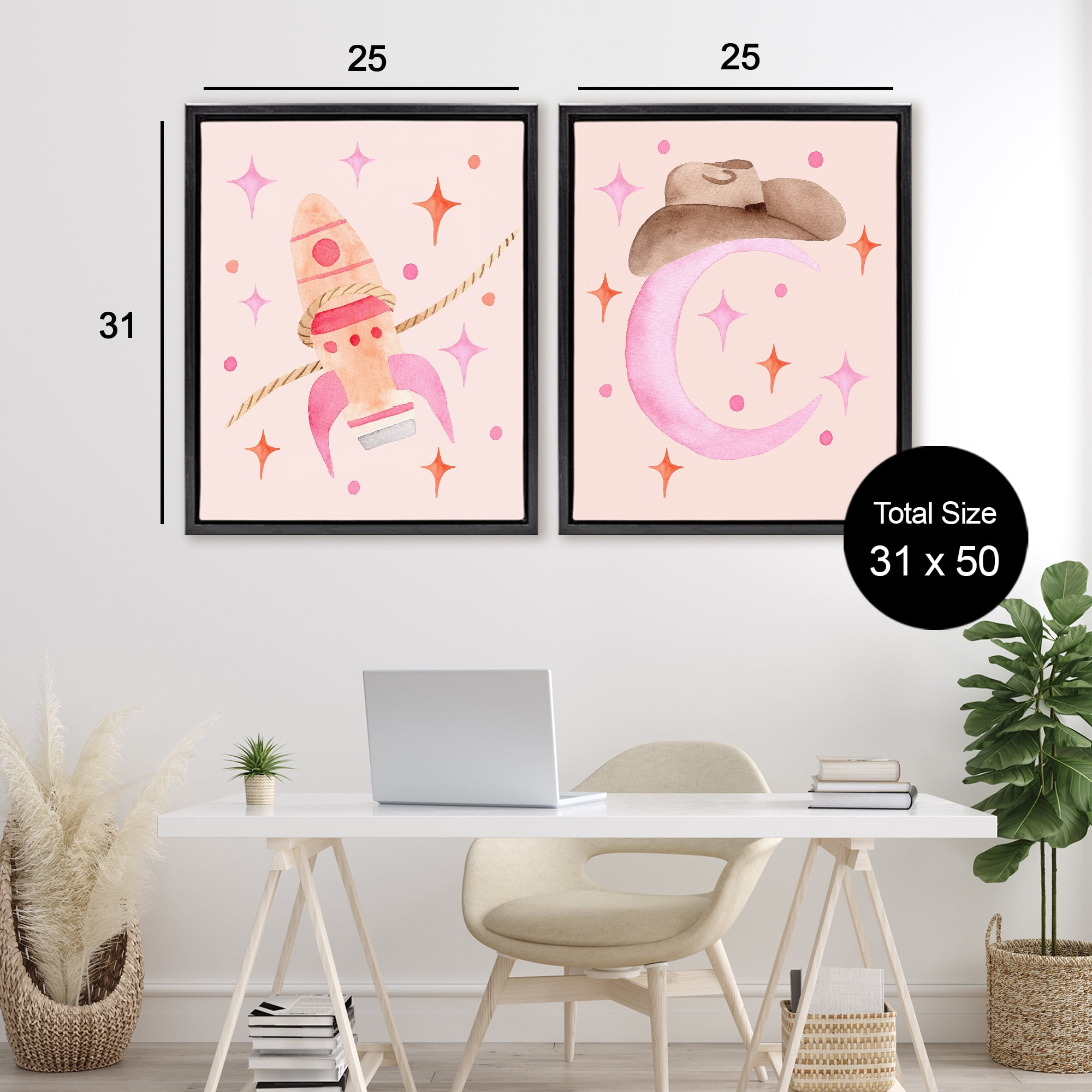 Space Cowgirl Rocket Ship 2 Piece Black Framed Floater Canvas Set, design by Nina Jacobs