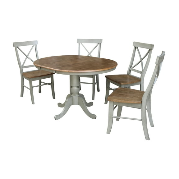 36" Round Solid Wood Extension Dining Table With 4 Cross Back Chairs in Distressed Hickory/Stone by International Concepts