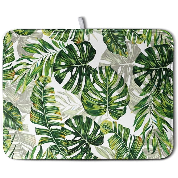 Tropical Palm Leaves Dish Drying Mat for Dishes 16x18 Inch Spring Green Monstera Leaf Drying Mat Watercolor Herbs Dish Drainer Mat Super Absorbent Dish Rack Pad for Coffee Bar Sinks