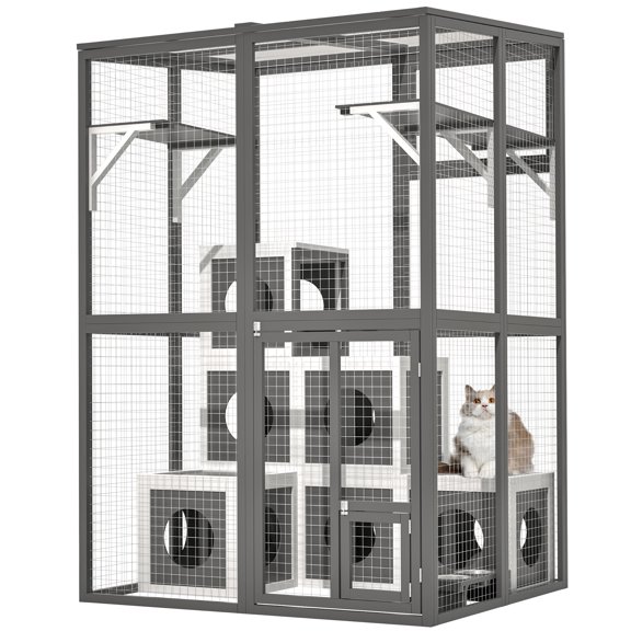 Outdoor Wooden Cat Catio - Large Solid Wood Cat Cage Playpen with 2 Jumping Platforms & 7 Napping Houses Walk-in Cat Kennel Condo Shelter Grey