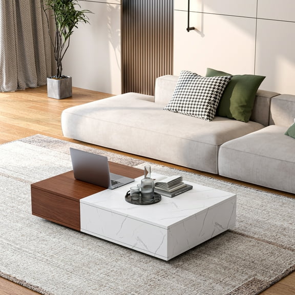 Lisonu Modern Coffee Table, 2-Tier Cocktail Table with Storage Shelf, 11" Low Profile Design, Faux Marble Top and Walnut MDF Frame for Living Room