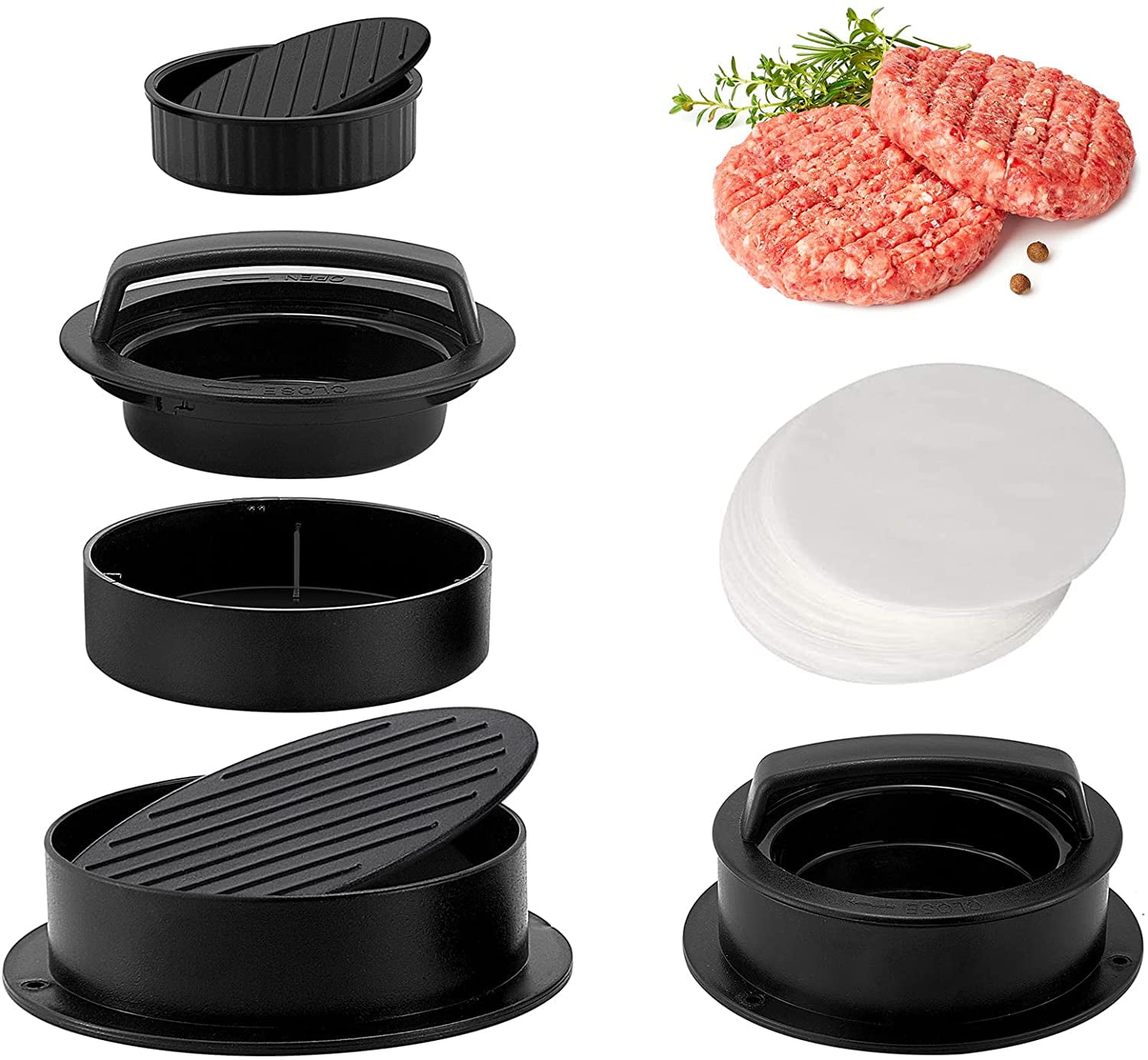 Hamburger Press Patty Maker,3 in 1 Burger Press Patty Mold,to Make Stuffed Burger Patty, Veggie Burgers, Beef Burger, Slider Press Non Stick Kitchen Barbecue Tool Grilling Accessories (Black)