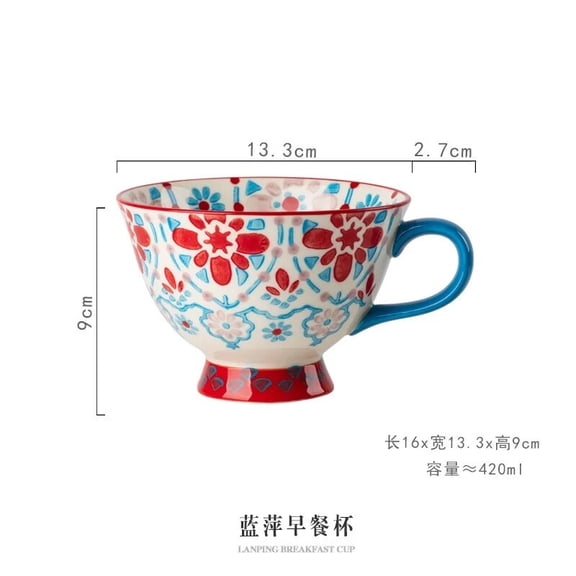CHUNTIAN Ceramic Coffee Cup Bohemian Flower Hand Painted INS Breakfast Cup High Capacity 420ML Tea Mug Water Ware Kitchen Dining Bar