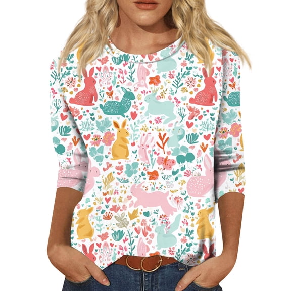 Womens Easter Tops Crewneck 3/4 Length Sleeve T Shirt Funny Bunny Print Family Gifts Dressy Tee Soft Casual T-Shirts, #01 Earthy Yellow, XXL