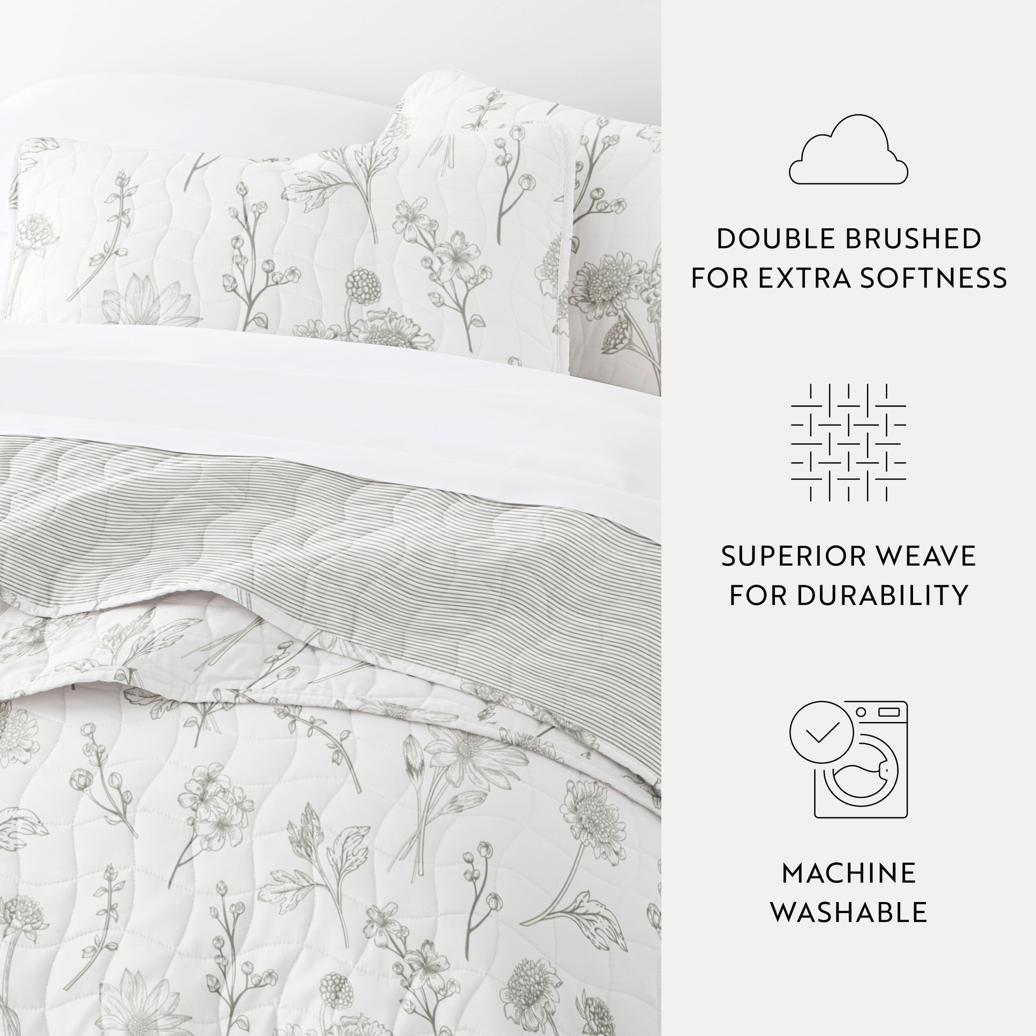 Noble Linens 3-Piece Light Gray Blooming Daisy Reversible Quilt Set, Twin