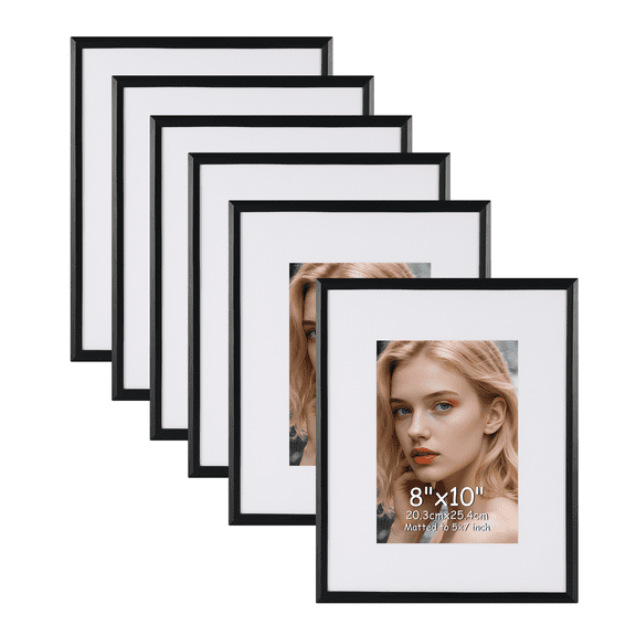 8x10 Picture Frames Set of 6, Display 5x7 Picture with Mat or 8x10 Without Mat, Black Photo Frame for Wall Hanging or Tabletop