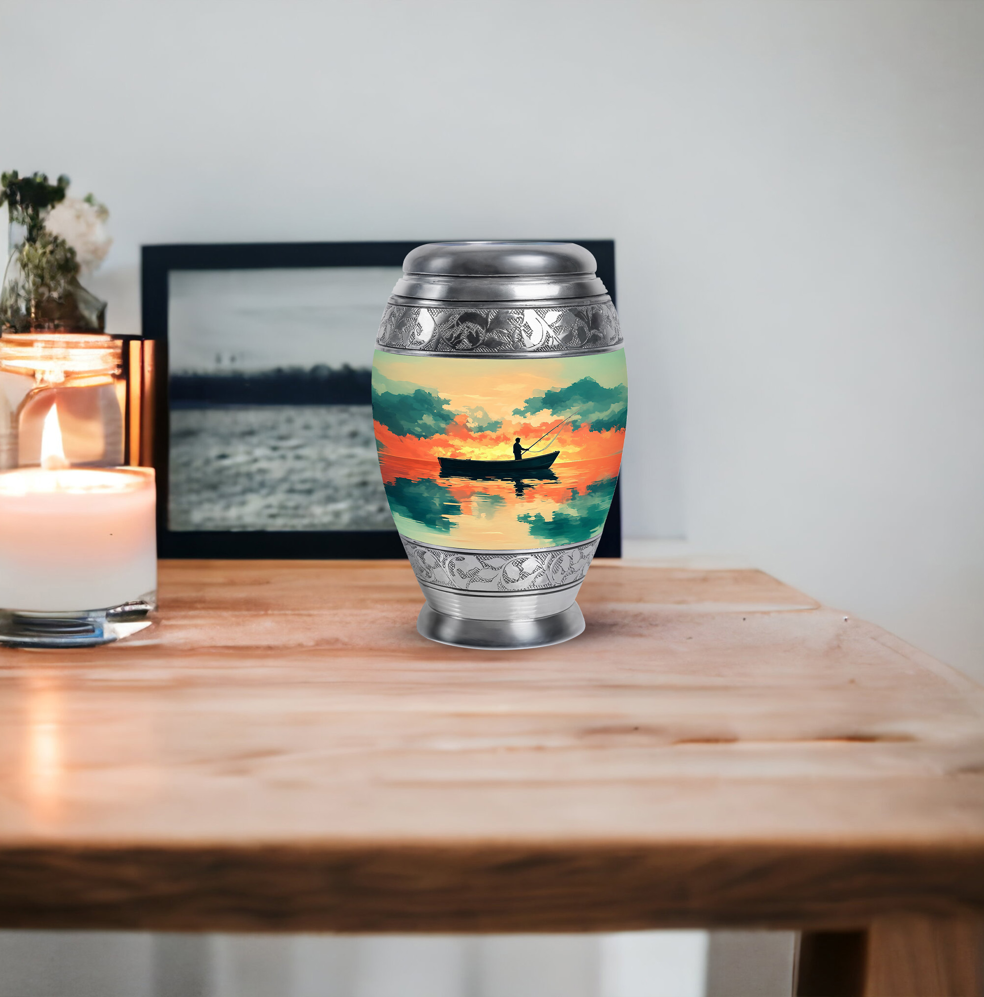 JAGASY Fishing Small Urn for Sister - Golden Urn for Ashes Adult Male & Female - Sunset Clouds Water Boat Decorative Urns - Mini Cremation Urns for Human Ashes keepsake - (3 Inch)