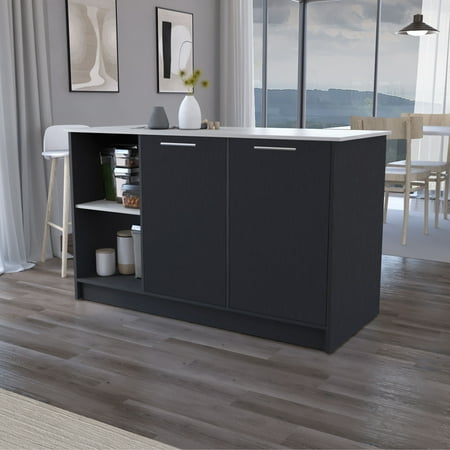 LiviNest Kitchen Island with Storage & Countertop: 59 Inch Multipurpose Workstation for Small Apartments - Double Door Cabinets & Open Shelves for Kitchen Dining & Home Office Use