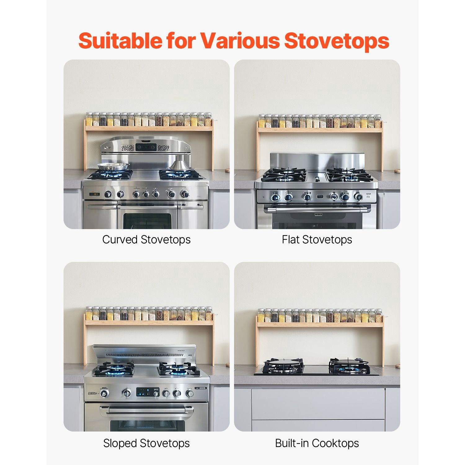 Over the Stove Spice Rack, Compatible with Multiple Stovetop Types, 6 Hooks, Supports 22 lbs, Varnish-Coated Surface, Space-Saving Kitchen Organizer