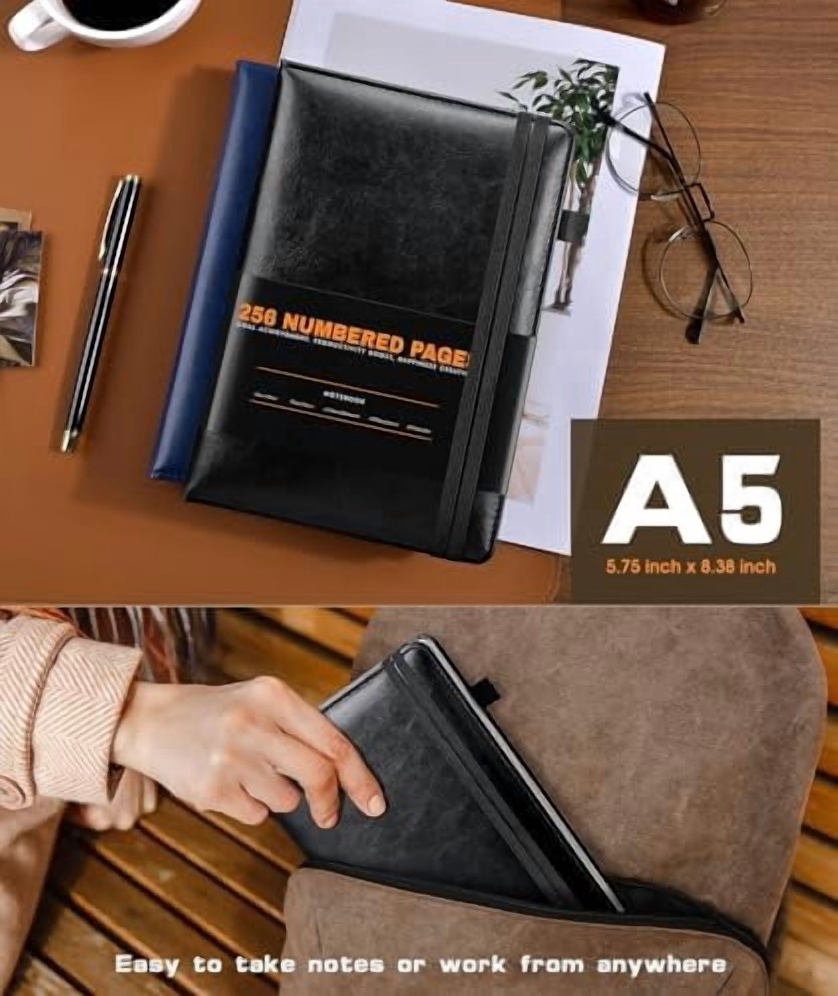 Lined Journal Notebook for Women Men, 256 Numbered Pages Hardcover Leather Journals for Writing, A5 Journaling Notebooks, College Ruled Journal for Business Work School Note Taking 5.75" x 8.38"