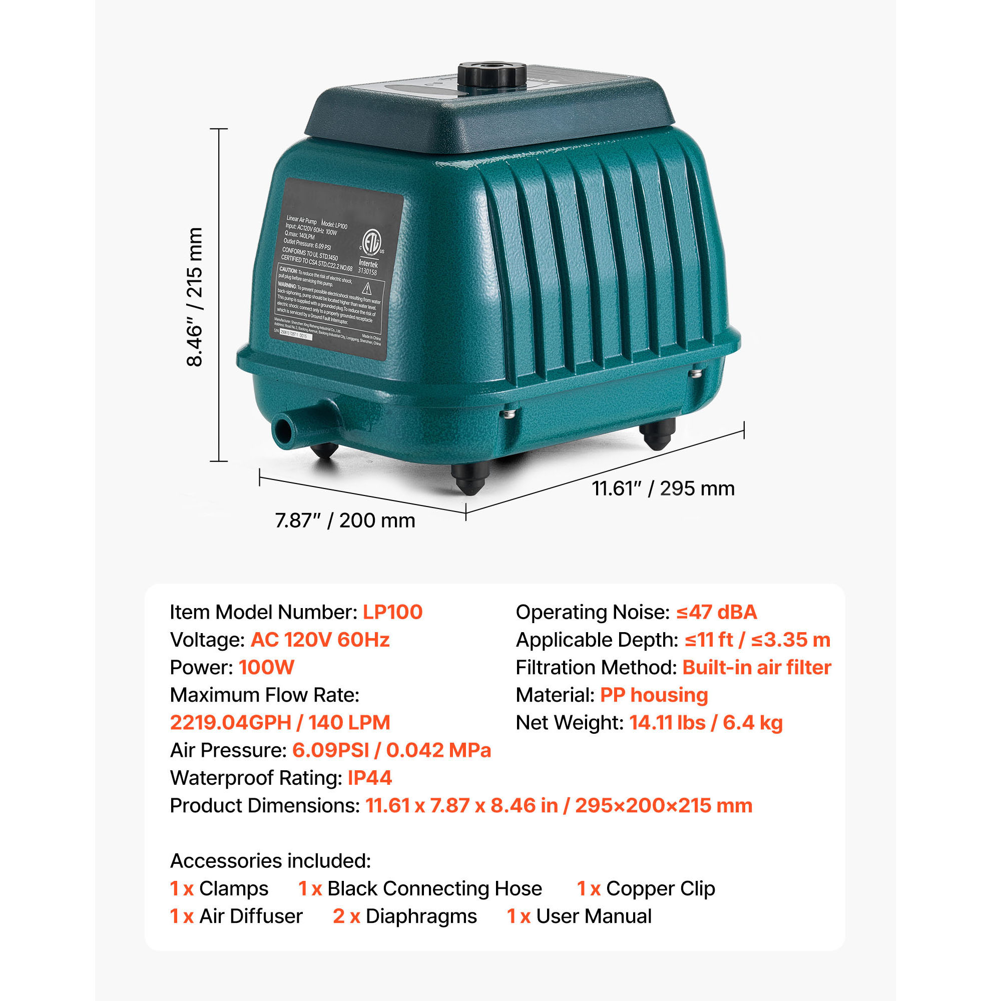 KFFKFF Linear Air Pump, 2219.04 GPH Airflow, Aeration System for 11 ft Deep Ponds, Suitable for Septic Tanks, Aquariums, Waste Management, Seafood Establishments, Fish Farms, and Hydroponic Systems
