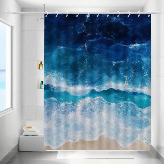 Beach Ocean Wave Shower Curtain Dark Blue Nautical Coastal Waterproof Bathroom Curtains with Hooks Unique Oil Painting Abstract Modern Seaside Themed Bathroom Decor