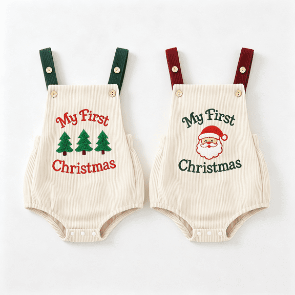 2-Pack Infant Baby First Christmas Outfit, Corduroy Embroidered Santa & Tree Suspender Bodysuit, Sleeveless Holiday Baby Romper for Newborn