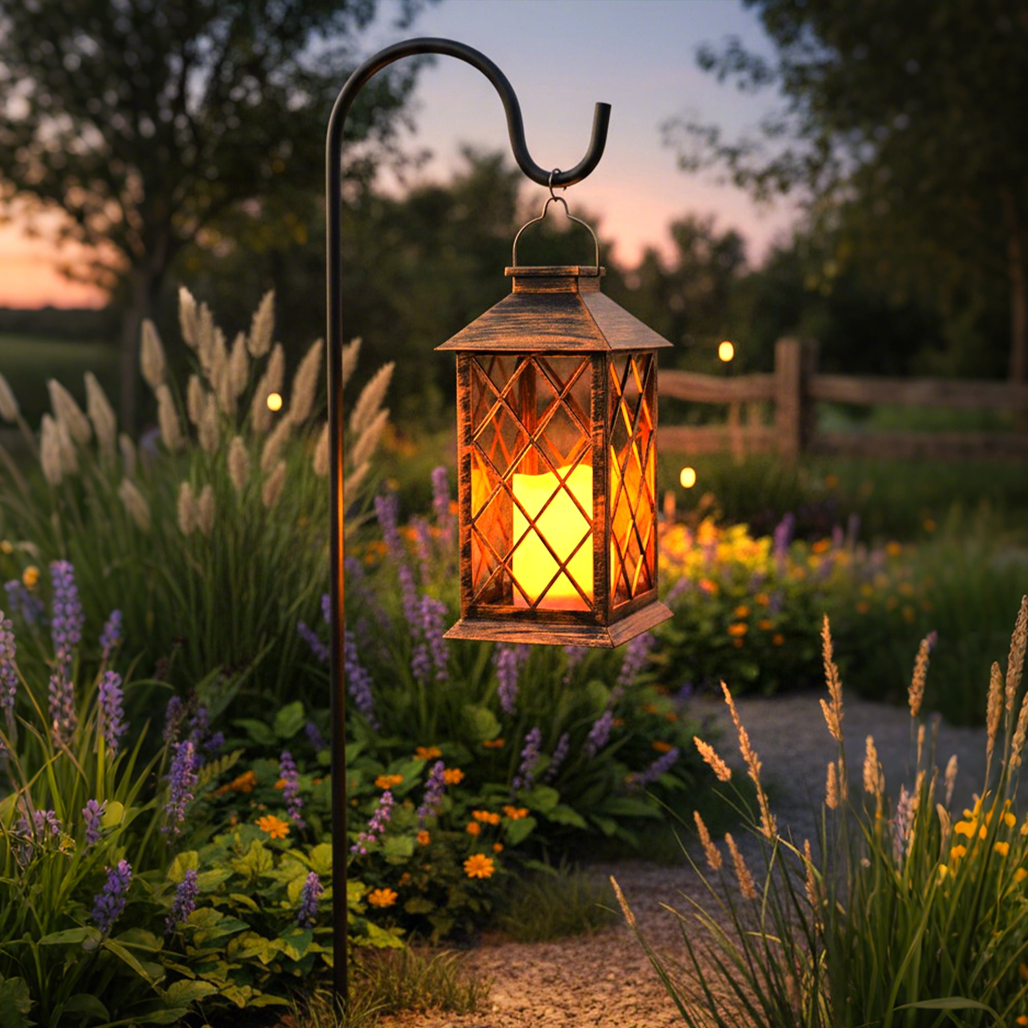 DAYBETTER Set of 2 Outdoor Solar Lantern, Hanging Solar Lights for Outside Garden Decor with Flickering Flameless LED Candle