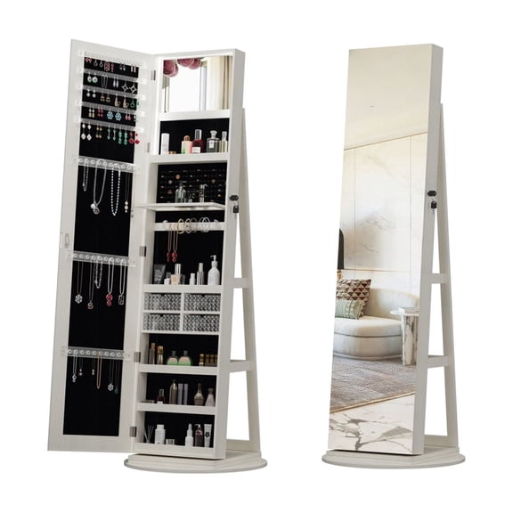 360 ° Swivel Jewelry Cabinet With Mirror, Large Capacity Jewelry Organizer Armoire, With Back Storage Shelves, Full Length Mirror, Integrated Storage