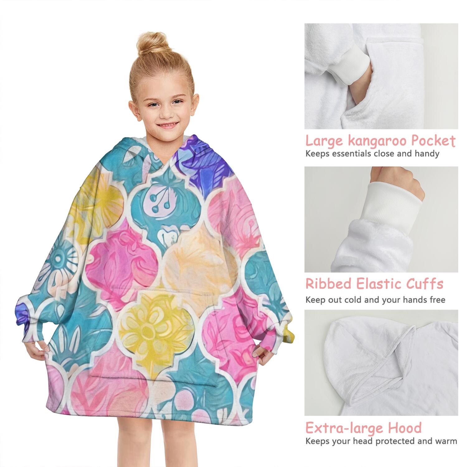Multi Color Floral Checkered Pattern Blanket Hoodies for Kids 6-13YR Oversize Wearable Blanket Hoodies for Boys Girls Teens