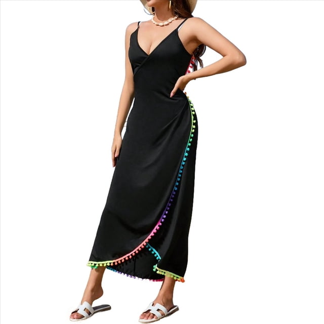 Vestido Cruzado Sin Mangas con Escote en V y Espalda Abierta para Mujer con Ribete en Contraste Negro S