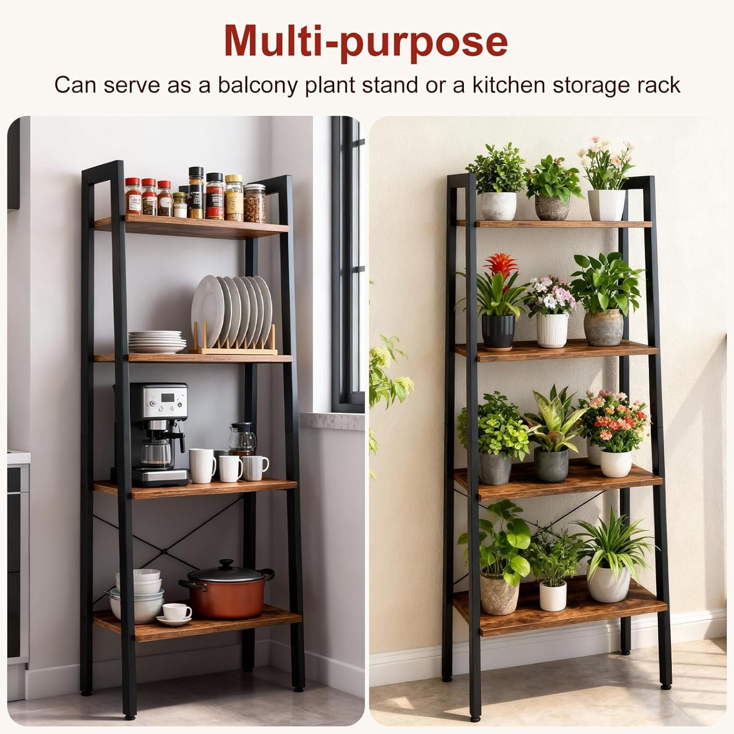 Atilioo 4 Tiers Ladder Bookcase, Wood Bookshelf Tall Standing Display Shelves Storage Organizer for Bedroom, Living Room & Home Office Bathroom, Brown