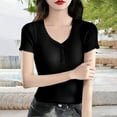 thumbnail image 2 of Holzkary Women's Henley T Shirts Summer Deep V Neck Ribbed Short Sleeve Slim Fit Button Tops Casual Tee Ice T Shirt Woven Sweater Versatile Thin V Neck Slimming Base Layer Worn Outside Black M, 2 of 8