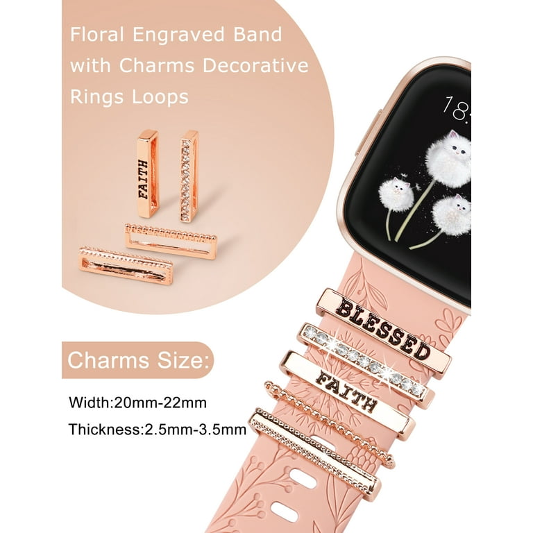 Flower Silicone Band With Charms For Fitbit Versa 3/Sense - Engraved Strap With Ring Loops