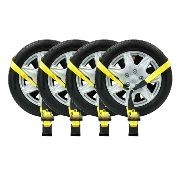 Mytee Products 4 Pack 2 X 14 Car Tie Down Lasso Ratchet Strap With Flat Hook Tire Straps For Car Trailer Wheel Straps For Hauling Cars Walmart Com
