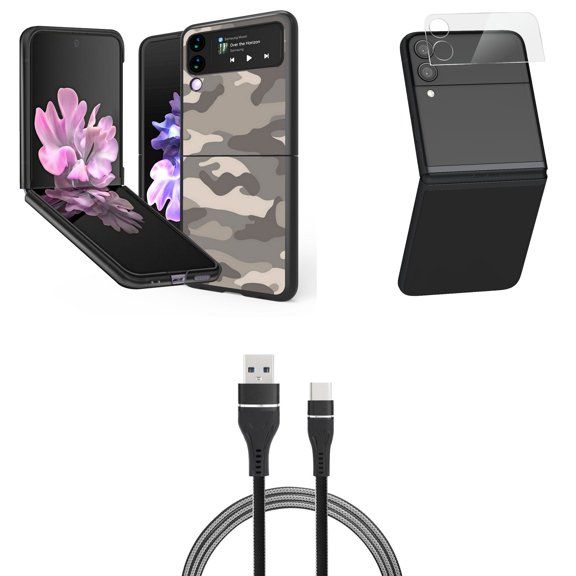 Bemz Premium Bundle for Samsung Galaxy Z Flip 3 5G: Slim Snap-On Protector Case (Grey Camo), Rear Camera Glass Protector, Nylon Braided USB-C to USB-A Cable (3 Feet)