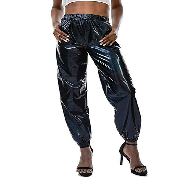 Owl‘s-Yard Women‘s Metallic Shinny Pants  Casual Holographic Jogger Sweatpants Punk Hip Hop Trousers