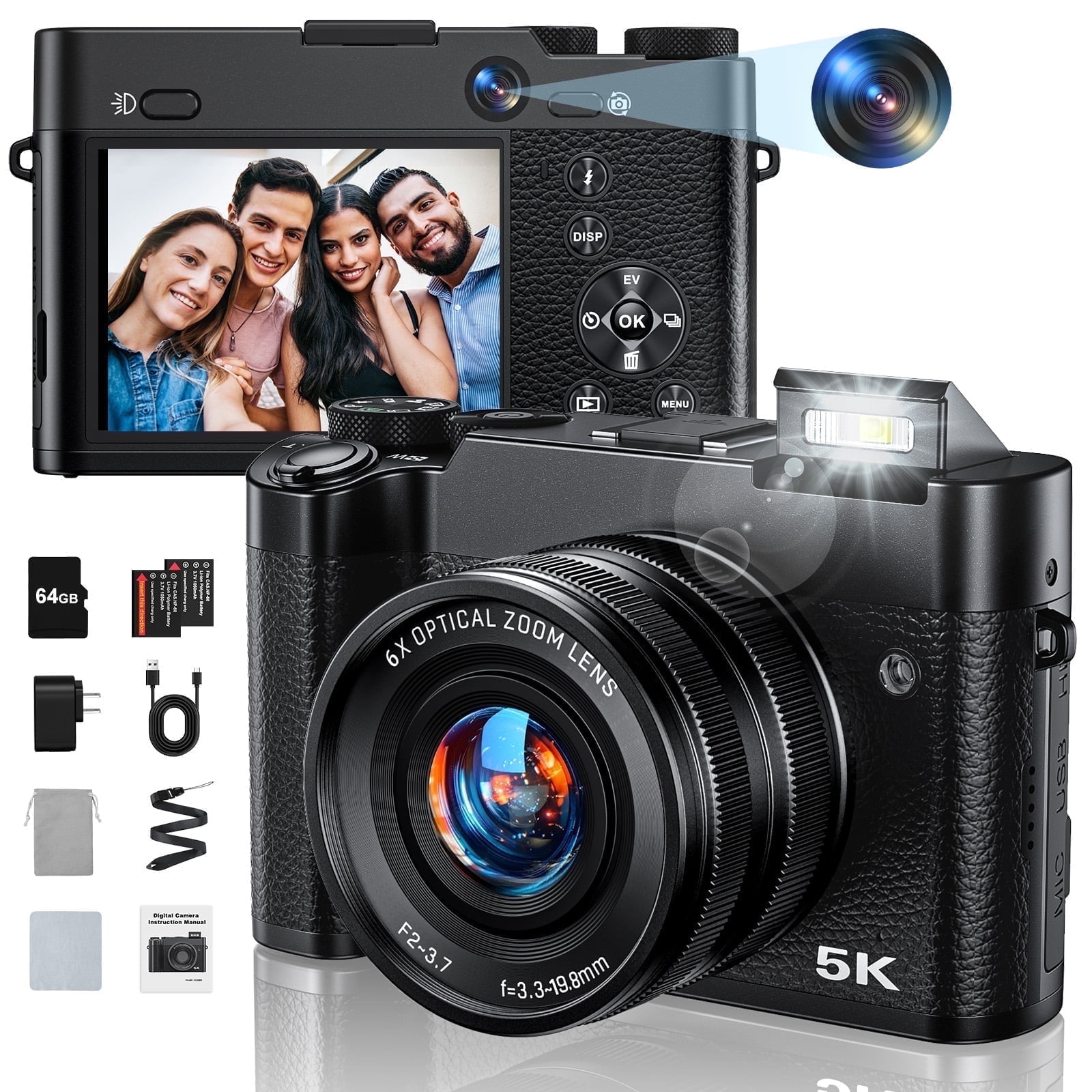 5K Digital Camera,64MP Vlogging Camera, Rear and Front Cameras for Photography and Video, Autofocus & Anti-Shake, Travel Selfie for YouTube with Flash Dial 64GB Card