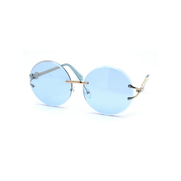 Womens Pearl Trim Arm Round Rimless Circle Lens Sunglasses Gold Blue