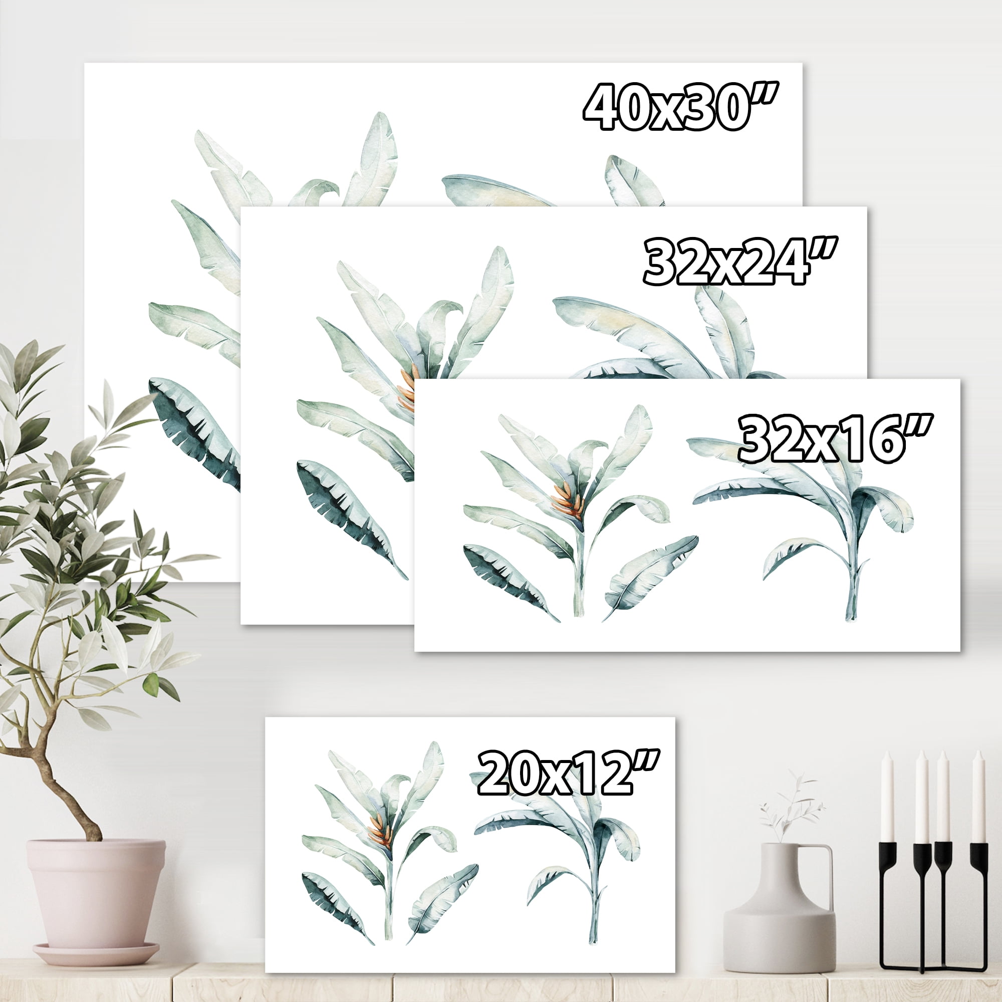 Designart ' Tropical Jungle Leaves On White ' Bohemian & Eclectic Canvas Wall Art Print