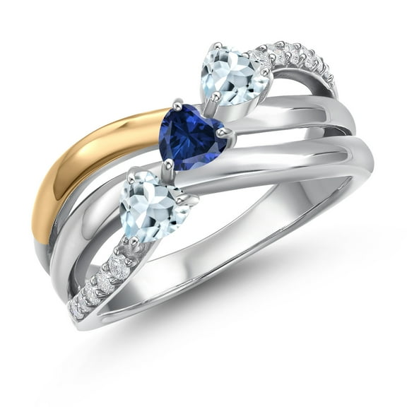 925 Silver and 10K Yellow Gold Sky Blue Aquamarine and Blue Created Sapphire and Lab Grown Diamond Engagement Ring for Women | 1.09 Cttw | Heart Shape Gemstone March Birthstone | Size 5