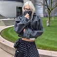 thumbnail image 5 of Women Cropped Trench Coat Zip Up Funnel Neck Short Jacket Oversized Wool Coats Fall Winter Casual Outfits Gray XS, 5 of 7