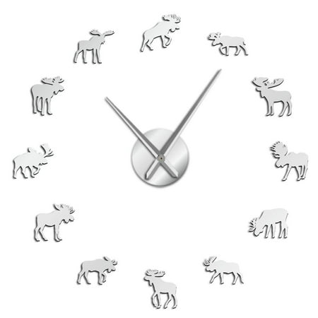 Wildlife Moose DIY Giant Wall Clock Moose Silhouette Decorative Frameless Wall Watch Modern Nature Animal Wall Art Hunting Clock(Silver,27inch)