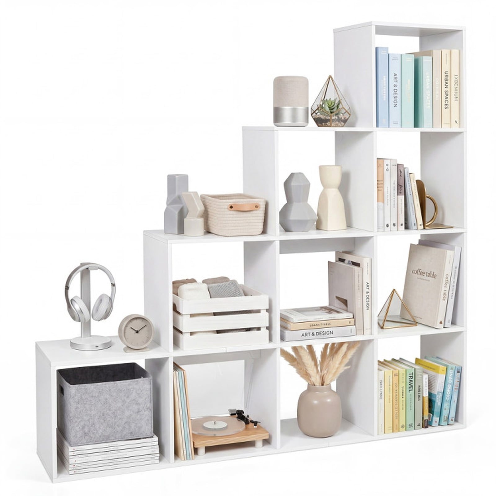 Furnibear 4-Tier Tall White Bookshelf with 10 Open Cubes Anti-Tipping Kits and Screw Hole Covers for Home Office and Living Room, White