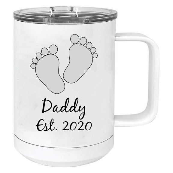Baby Feet Daddy Est. Established 2020 Stainless Steel Vacuum Insulated 15 Oz Travel Coffee Mug with Slider Lid, White