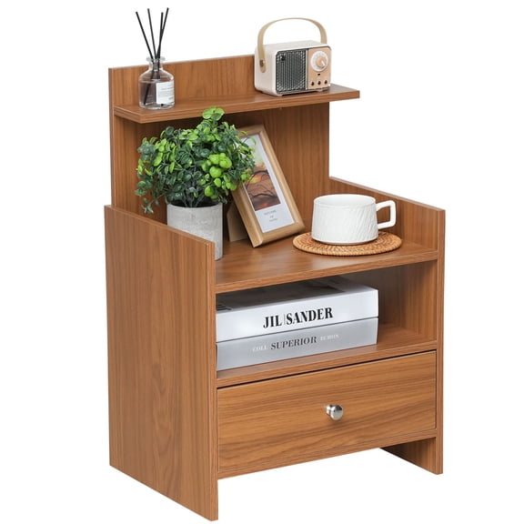 Rustic Brown Wood Nightstand with Drawer & 2-Tier Shelf, Modern Bedside Table with Storage for Bedroom & Living Room