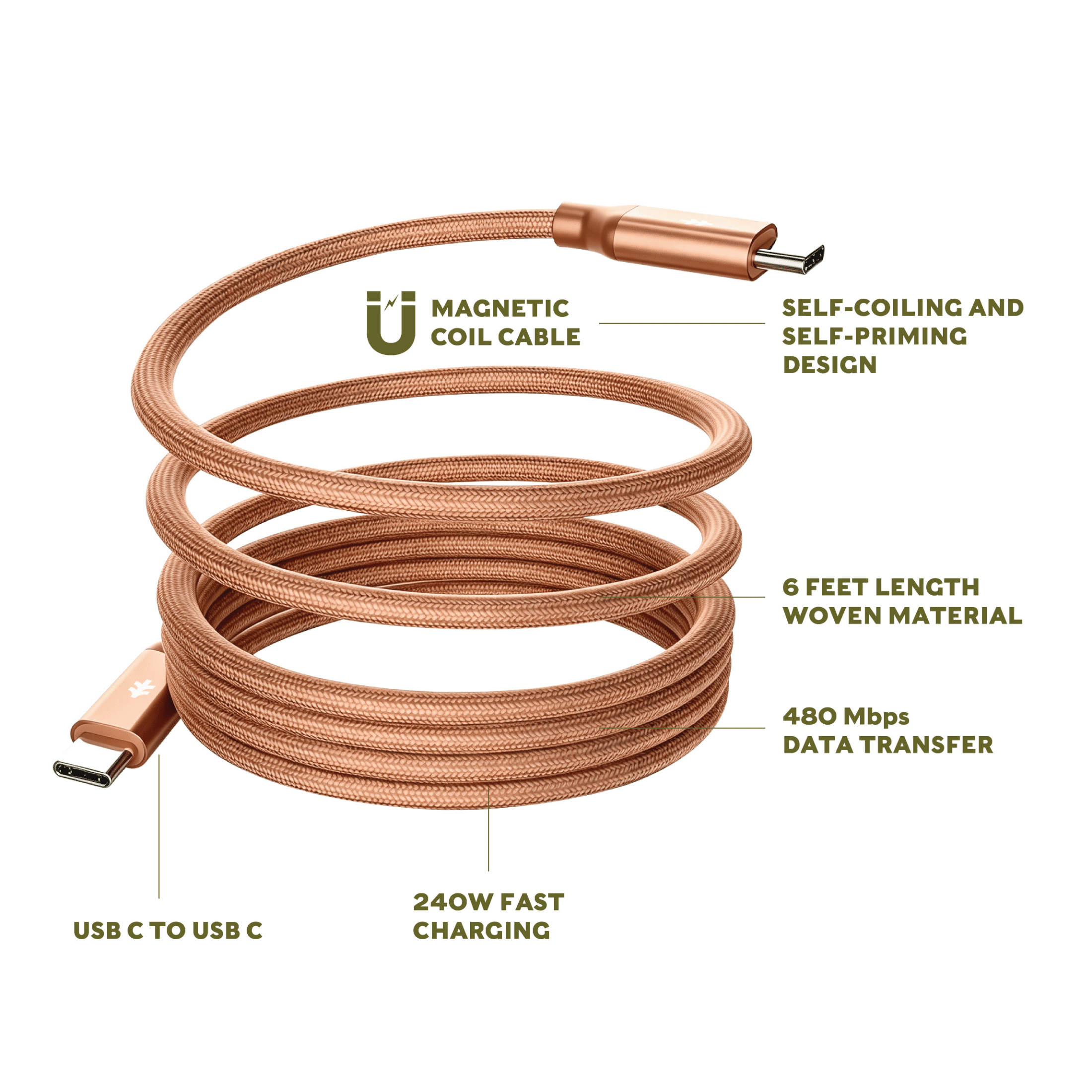 Swiss Tech Kabel M240 6 ft 240W Magnetic Self-Coiling USB-C Charging Cable, Terra Orange