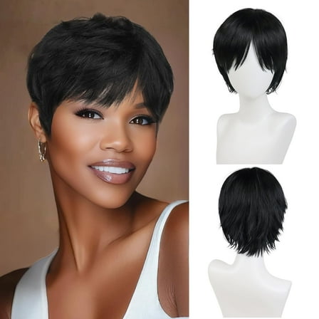 Short Pixie Cut Wig Synthetic Hair Wigs for Women with Bangs Natural Black Wig Layered Wavy Style Short Wigs for Women