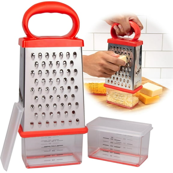 Good Cooking Box Cheese 4-Sided Grater w 2 Attachable Storage Containers w Lids- Mess-Free Shredding & Slicing - Stainless Steel, Soft Grip Handle, Non-Slip Base, Built-In Measurements