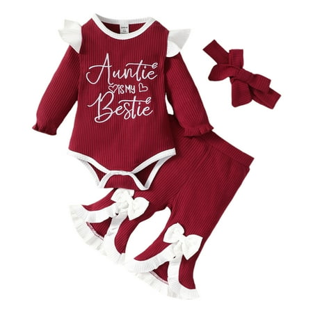 

Toddler Girls Outfits Baby Kids Suit Christmas Letters Prints Romper Bell Bottom Pants Hairband 3Pcs Set Clothing Set for Girls Size 6-9 Months