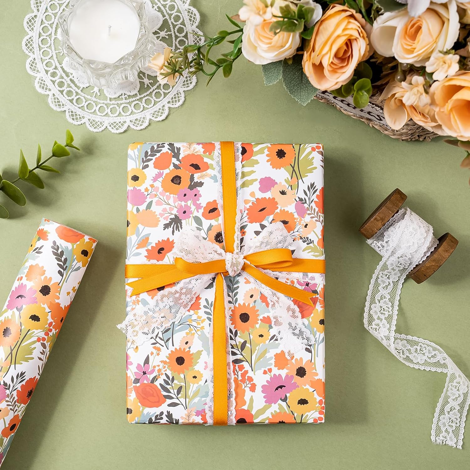 AllWays Plaza Kraft Floral Wrapping Paper Roll - Mini Roll - 17 Inch x 33 Feet - Bright Summer Flower Wrapping Paper, Perfect for Wedding, Birthday, Bridal Shower, Tea Party